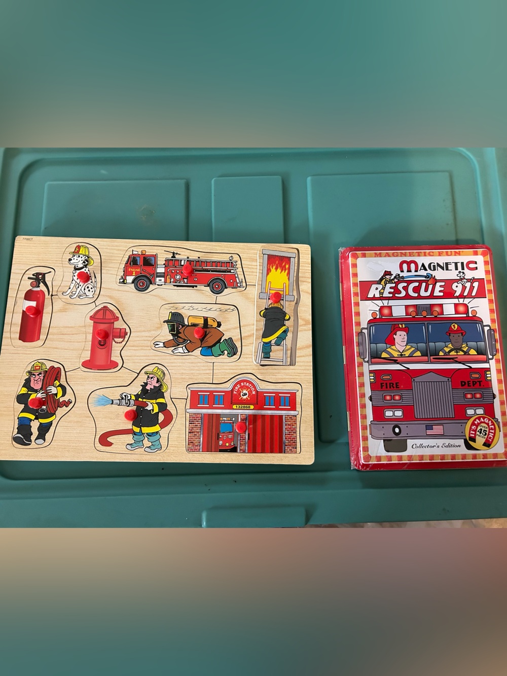 2 fire department toys: nwt magnetic set & 9 piece chunky puzzle. Great for kids
